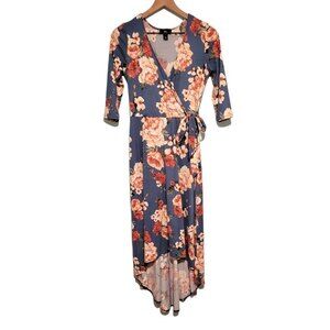 I.N. San Francisco Blue Floral Faux Wrap High Low Dress Size Medium